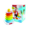 Foto do Brinquedo Pirâmide de Argolas coloridas da Fisher Price Baby com a embalagem e o brinquedo fora dela