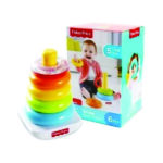 Foto do Brinquedo Pirâmide de Argolas coloridas da Fisher Price Baby com a embalagem e o brinquedo fora dela