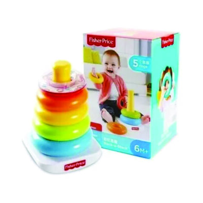 Foto do Brinquedo Pirâmide de Argolas coloridas da Fisher Price Baby com a embalagem e o brinquedo fora dela