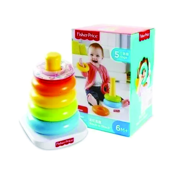 Foto do Brinquedo Pirâmide de Argolas coloridas da Fisher Price Baby com a embalagem e o brinquedo fora dela